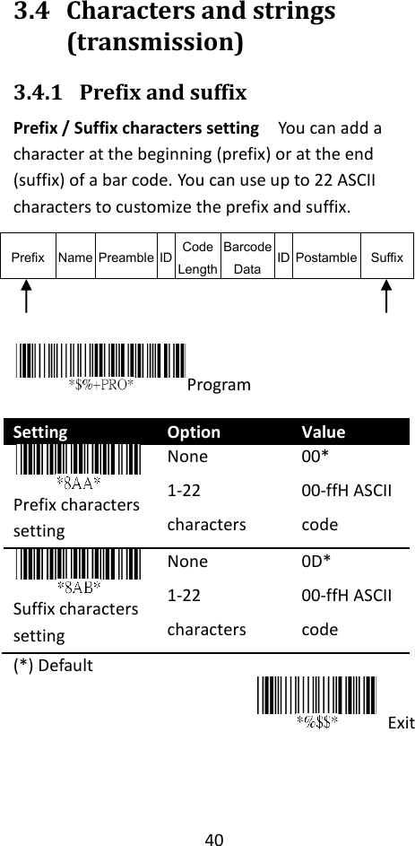 40  3.4 Characters and strings (transmission) 3.4.1 Prefix and suffix Prefix / Suffix characters setting  You can add a character at the beginning (prefix) or at the end (suffix) of a bar code. You can use up to 22 ASCII characters to customize the prefix and suffix. Prefix Name Preamble ID Code Length Barcode Data ID Postamble Suffix   Program  Setting Option Value  Prefix characters setting None 1-22 characters 00* 00-ffH ASCII code  Suffix characters setting None 1-22 characters 0D* 00-ffH ASCII code (*) Default  Exit   