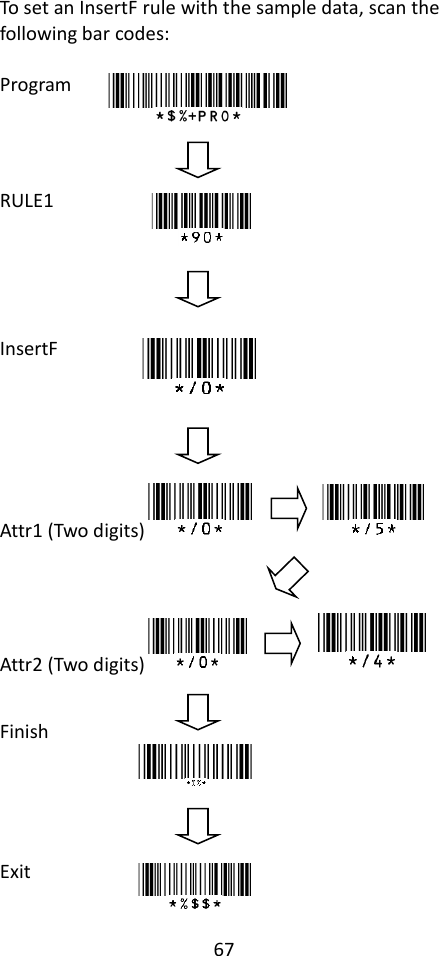 67  To set an InsertF rule with the sample data, scan the following bar codes:  Program          RULE1            InsertF     Attr1 (Two digits)                      Attr2 (Two digits)                   Finish     Exit   