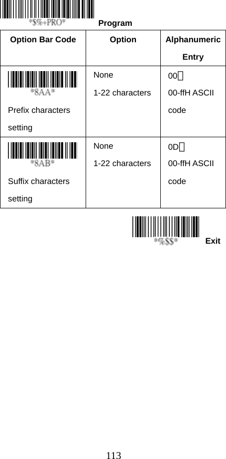  113Exit   Option Bar Code  Option  Alphanumeric Entry  Prefix characters setting None 1-22 characters00＊ 00-ffH ASCII code  Suffix characters setting None 1-22 characters0D＊ 00-ffH ASCII code   Program 