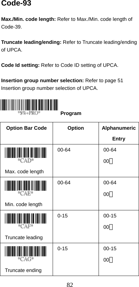  82Code-93  Max./Min. code length: Refer to Max./Min. code length of Code-39.  Truncate leading/ending: Refer to Truncate leading/ending of UPCA.  Code Id setting: Refer to Code ID setting of UPCA.  Insertion group number selection: Refer to page 51 Insertion group number selection of UPCA.     Option Bar Code  Option  Alphanumeric Entry  Max. code length   00-64 00-64 00＊  Min. code length   00-64 00-64 00＊  Truncate leading   0-15 00-15 00＊  Truncate ending   0-15 00-15 00＊  Program 