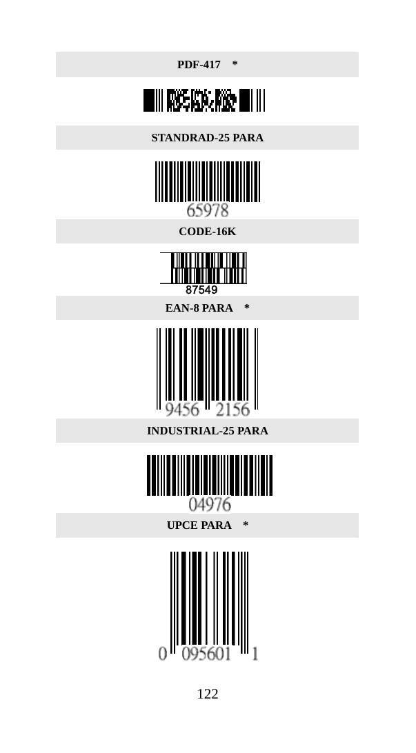  122PDF-417  *  STANDRAD-25 PARA  CODE-16K   EAN-8 PARA  *    INDUSTRIAL-25 PARA   UPCE PARA    *     87549