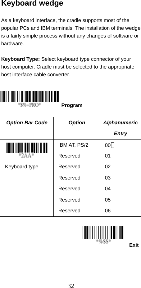  32ExitKeyboard wedge  As a keyboard interface, the cradle supports most of the popular PCs and IBM terminals. The installation of the wedge is a fairly simple process without any changes of software or hardware.  Keyboard Type: Select keyboard type connector of your host computer. Cradle must be selected to the appropriate host interface cable converter.      Option Bar Code  Option  Alphanumeric Entry  Keyboard type IBM AT, PS/2 Reserved Reserved Reserved Reserved Reserved Reserved 00＊ 01 02 03 04 05 06        Program 