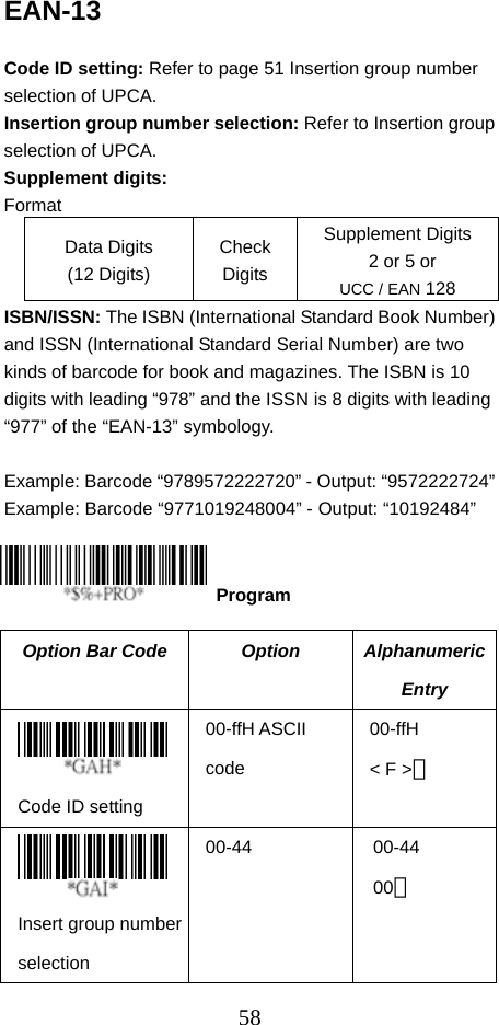  58EAN-13  Code ID setting: Refer to page 51 Insertion group number selection of UPCA. Insertion group number selection: Refer to Insertion group selection of UPCA. Supplement digits:   Format Data Digits (12 Digits) Check Digits Supplement Digits   2 or 5 or UCC / EAN 128 ISBN/ISSN: The ISBN (International Standard Book Number) and ISSN (International Standard Serial Number) are two kinds of barcode for book and magazines. The ISBN is 10 digits with leading “978” and the ISSN is 8 digits with leading “977” of the “EAN-13” symbology.  Example: Barcode “9789572222720” - Output: “9572222724” Example: Barcode “9771019248004” - Output: “10192484”     Option Bar Code  Option  Alphanumeric Entry  Code ID setting 00-ffH ASCII code 00-ffH &lt; F &gt;＊  Insert group number selection 00-44 00-44 00＊  Program 