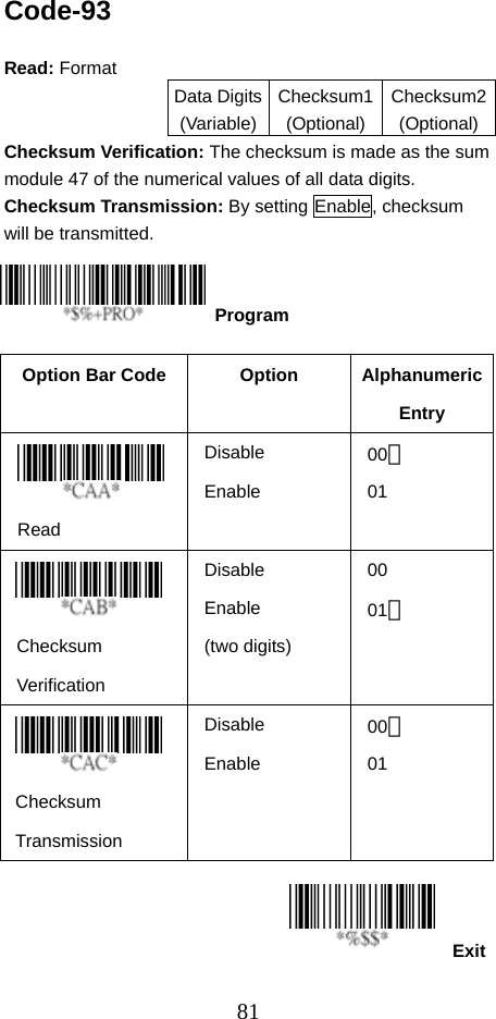  81ExitCode-93  Read: Format   Data Digits(Variable)Checksum1(Optional)Checksum2(Optional)Checksum Verification: The checksum is made as the sum module 47 of the numerical values of all data digits. Checksum Transmission: By setting Enable, checksum   will be transmitted.         Option Bar Code  Option  Alphanumeric Entry  Read Disable Enable 00＊ 01    Checksum Verification Disable Enable  (two digits) 00 01＊   Checksum Transmission Disable Enable 00＊ 01     Program 