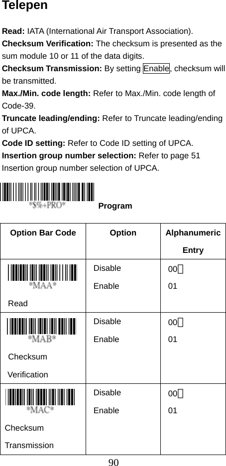  90Telepen  Read: IATA (International Air Transport Association). Checksum Verification: The checksum is presented as the sum module 10 or 11 of the data digits. Checksum Transmission: By setting Enable, checksum will be transmitted. Max./Min. code length: Refer to Max./Min. code length of Code-39. Truncate leading/ending: Refer to Truncate leading/ending of UPCA. Code ID setting: Refer to Code ID setting of UPCA. Insertion group number selection: Refer to page 51 Insertion group number selection of UPCA.     Option Bar Code  Option  Alphanumeric Entry  Read Disable Enable 00＊ 01   Checksum Verification Disable Enable 00＊ 01   Checksum Transmission Disable Enable 00＊ 01  Program 