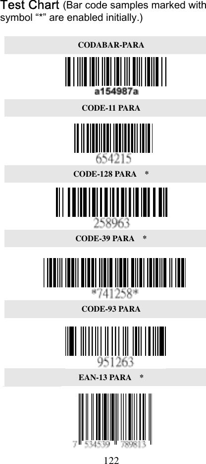  122Test Chart (Bar code samples marked with symbol “*” are enabled initially.)  CODABAR-PARA  CODE-11 PARA  CODE-128 PARA  *  CODE-39 PARA  *  CODE-93 PARA  EAN-13 PARA  *  