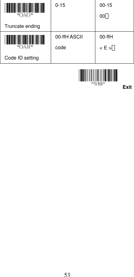  53Exit Truncate ending 0-15 00-15 00＊  Code ID setting 00-ffH ASCII code 00-ffH &lt; E &gt;＊    