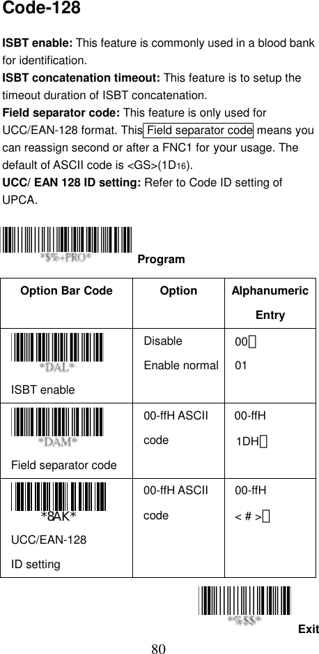  80ExitCode-128  ISBT enable: This feature is commonly used in a blood bank for identification. ISBT concatenation timeout: This feature is to setup the timeout duration of ISBT concatenation. Field separator code: This feature is only used for UCC/EAN-128 format. This Field separator code means you can reassign second or after a FNC1 for your usage. The default of ASCII code is &lt;GS&gt;(1D16). UCC/ EAN 128 ID setting: Refer to Code ID setting of UPCA.     Option Bar Code  Option  Alphanumeric Entry  ISBT enable Disable Enable normal00＊ 01  Field separator code 00-ffH ASCII code 00-ffH  1DH＊   UCC/EAN-128 ID setting 00-ffH ASCII code 00-ffH &lt; # &gt;＊   Program 