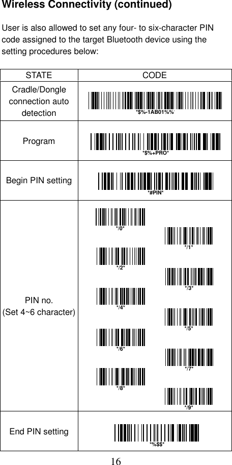  16 Wireless Connectivity (continued)  User is also allowed to set any four- to six-character PIN code assigned to the target Bluetooth device using the setting procedures below:  STATE CODE Cradle/Dongle connection auto detection  Program  Begin PIN setting PIN no. (Set 4~6 character)                  End PIN setting *$%-1AB01%%**%$$**$%+PRO**/0**/1**/2**/3**/4**/5**/6**/7**/8**/9**#PIN*