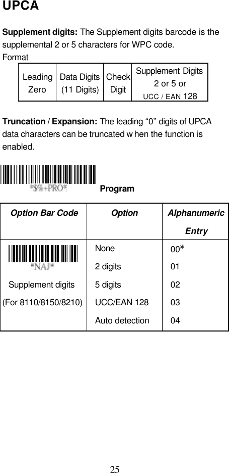  25 UPCA                                                                   Supplement digits: The Supplement digits barcode is the supplemental 2 or 5 characters for WPC code. Format Leading Zero Data Digits (11 Digits) Check Digit Supplement Digits 2 or 5 or UCC / EAN 128  Truncation / Expansion: The leading “0” digits of UPCA data characters can be truncated w hen the function is enabled.     Option Bar Code Option Alphanumeric Entry  Supplement digits (For 8110/8150/8210) None 2 digits 5 digits UCC/EAN 128 Auto detection  00* 01   02 03 04  Program 