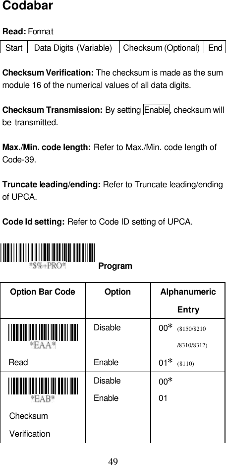  49 Codabar  Read: Format  Checksum Verification: The checksum is made as the sum module 16 of the numerical values of all data digits.  Checksum Transmission: By setting Enable, checksum will be transmitted.    Max./Min. code length: Refer to Max./Min. code length of Code-39.  Truncate leading/ending: Refer to Truncate leading/ending of UPCA.  Code Id setting: Refer to Code ID setting of UPCA.     Option Bar Code  Option Alphanumeric Entry  Read Disable  Enable 00*(8150/8210 /8310/8312) 01*(8110)     Checksum Verification Disable Enable 00* 01 Start Data Digits (Variable) Checksum (Optional) End  Program 