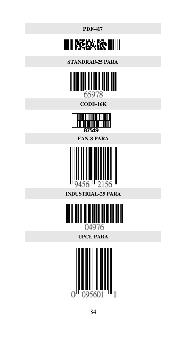  84 PDF-417  STANDRAD-25 PARA  CODE-16K   EAN-8 PARA    INDUSTRIAL-25 PARA   UPCE PARA     87549 