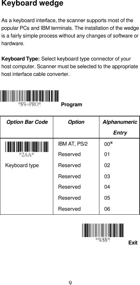  9 Exit Keyboard wedge  As a keyboard interface, the scanner supports most of the popular PCs and IBM terminals. The installation of the wedge is a fairly simple process without any changes of software or hardware.  Keyboard Type: Select keyboard type connector of your host computer. Scanner must be selected to the appropriate host interface cable converter.      Option Bar Code Option Alphanumeric Entry  Keyboard type IBM AT, PS/2 Reserved Reserved Reserved Reserved Reserved Reserved 00* 01 02 03 04 05 06        Program 