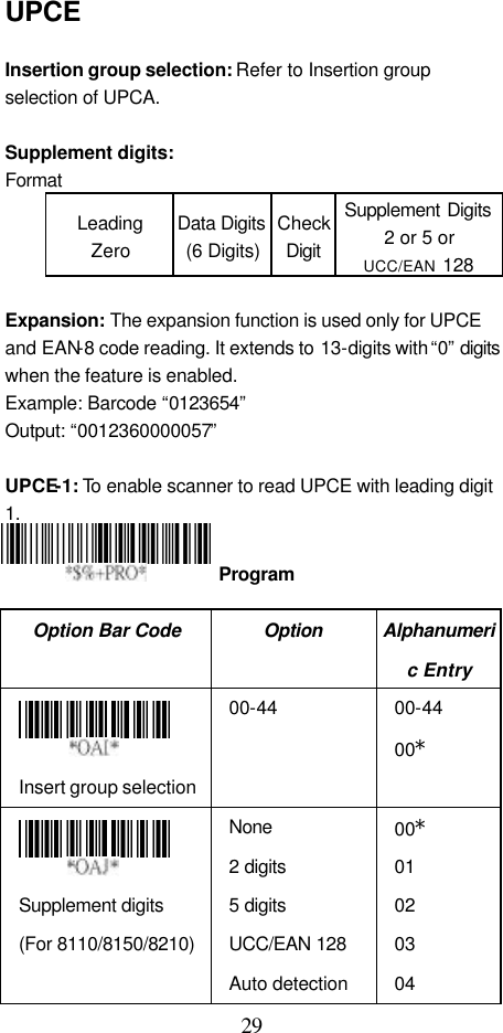  29 UPCE  Insertion group selection: Refer to Insertion group selection of UPCA.  Supplement digits: Format Leading Zero Data Digits (6 Digits) Check Digit Supplement Digits 2 or 5 or UCC/EAN 128  Expansion: The expansion function is used only for UPCE and EAN-8 code reading. It extends to 13-digits with “0” digits when the feature is enabled. Example: Barcode “0123654” Output: “0012360000057”  UPCE-1: To  enable scanner to read UPCE with leading digit 1.    Option Bar Code Option Alphanumeric Entry  Insert group selection 00-44 00-44 00*  Supplement digits (For 8110/8150/8210) None 2 digits 5 digits UCC/EAN 128 Auto detection 00* 01   02 03 04  Program 