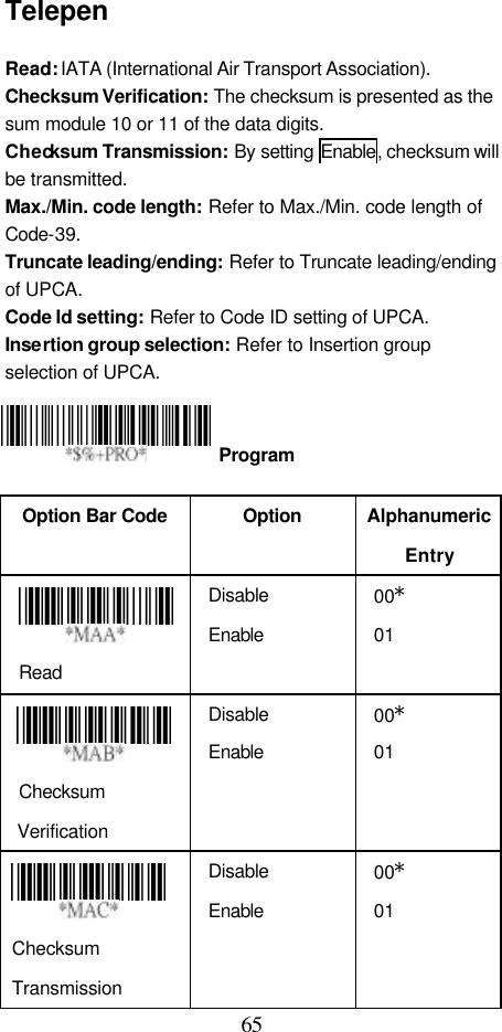  65 Telepen  Read: IATA (International Air Transport Association). Checksum Verification: The checksum is presented as the sum module 10 or 11 of the data digits. Checksum Transmission: By setting Enable, checksum will be transmitted. Max./Min. code length: Refer to Max./Min. code length of Code-39. Truncate leading/ending: Refer to Truncate leading/ending of UPCA. Code Id setting: Refer to Code ID setting of UPCA. Insertion group selection: Refer to Insertion group selection of UPCA.     Option Bar Code  Option Alphanumeric Entry  Read Disable Enable 00* 01   Checksum Verification Disable Enable 00* 01   Checksum Transmission Disable Enable 00* 01  Program 