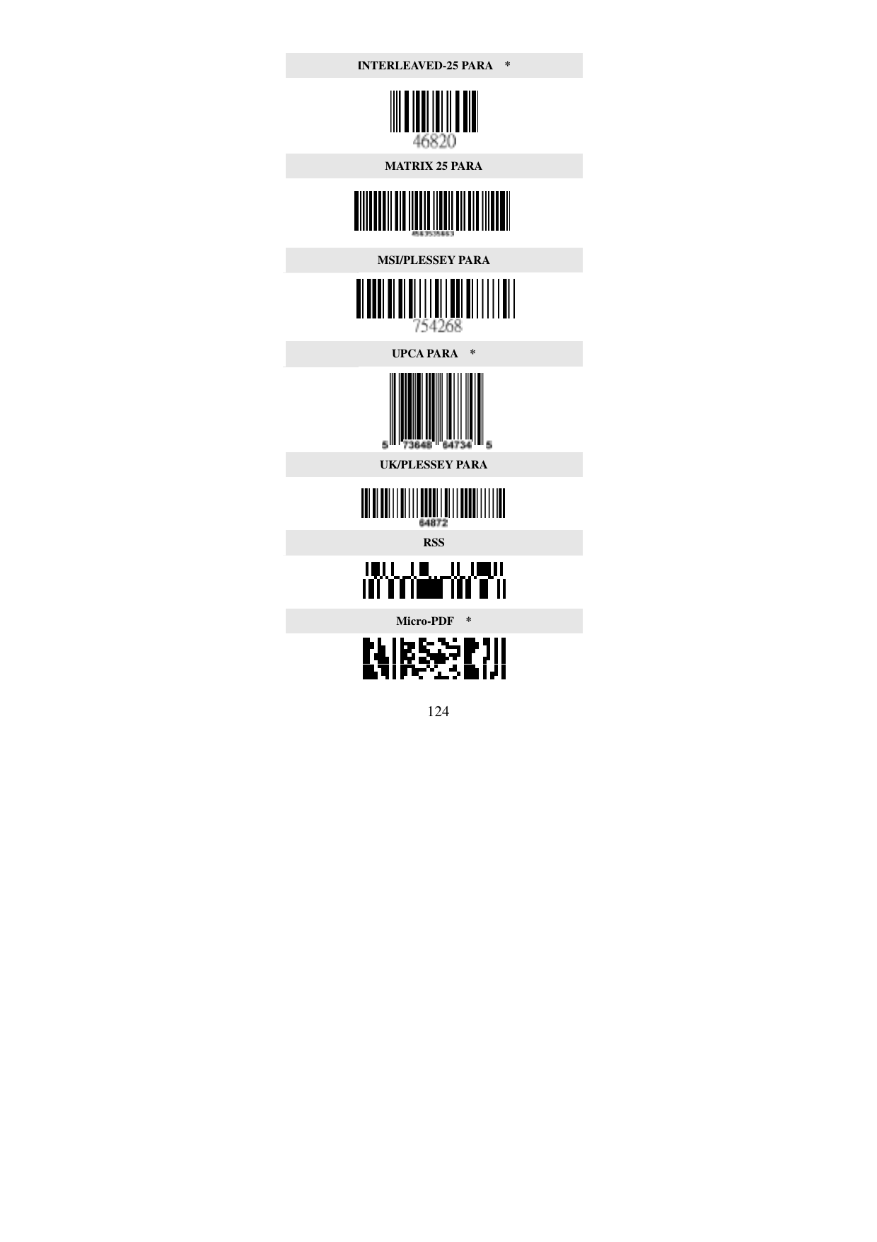  124INTERLEAVED-25 PARA  *    MATRIX 25 PARA  MSI/PLESSEY PARA  UPCA PARA  *  UK/PLESSEY PARA  RSS  Micro-PDF  *  