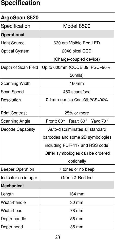  23Specification  ArgoScan 8520 Specification Model 8520 Operational Light Source 630 nm Visible Red LED Optical System  2048 pixel CCD   (Charge-coupled device) Depth of Scan Field Up to 600mm (CODE 39, PSC=90%, 20mils) Scanning Width  160mm Scan Speed  450 scans/sec Resolution  0.1mm (4mils) Code39,PCS=90% Print Contrast  25% or more Scanning Angle  Front: 60°  Rear: 60°  Yaw: 70° Decode Capability Auto-discriminates all standard barcodes and some 2D symbologies including PDF-417 and RSS code; Other symbologies can be ordered optionally Beeper Operation 7 tones or no beep Indicator on imager Green &amp; Red led Mechanical Length 164 mm Width-handle 30 mm Width-head 78 mm Depth-handle 56 mm Depth-head 35 mm 