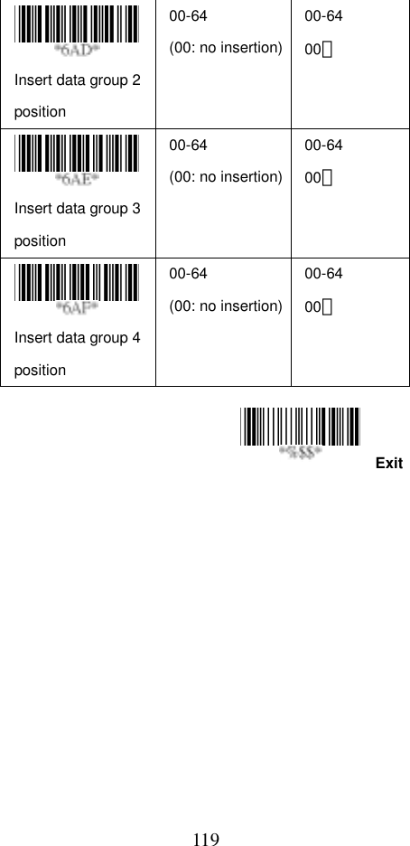  119ExitInsert data group 2 position 00-64  (00: no insertion)00-64 00＊ Insert data group 3 position 00-64  (00: no insertion)00-64 00＊ Insert data group 4 position 00-64 (00: no insertion)00-64 00＊  