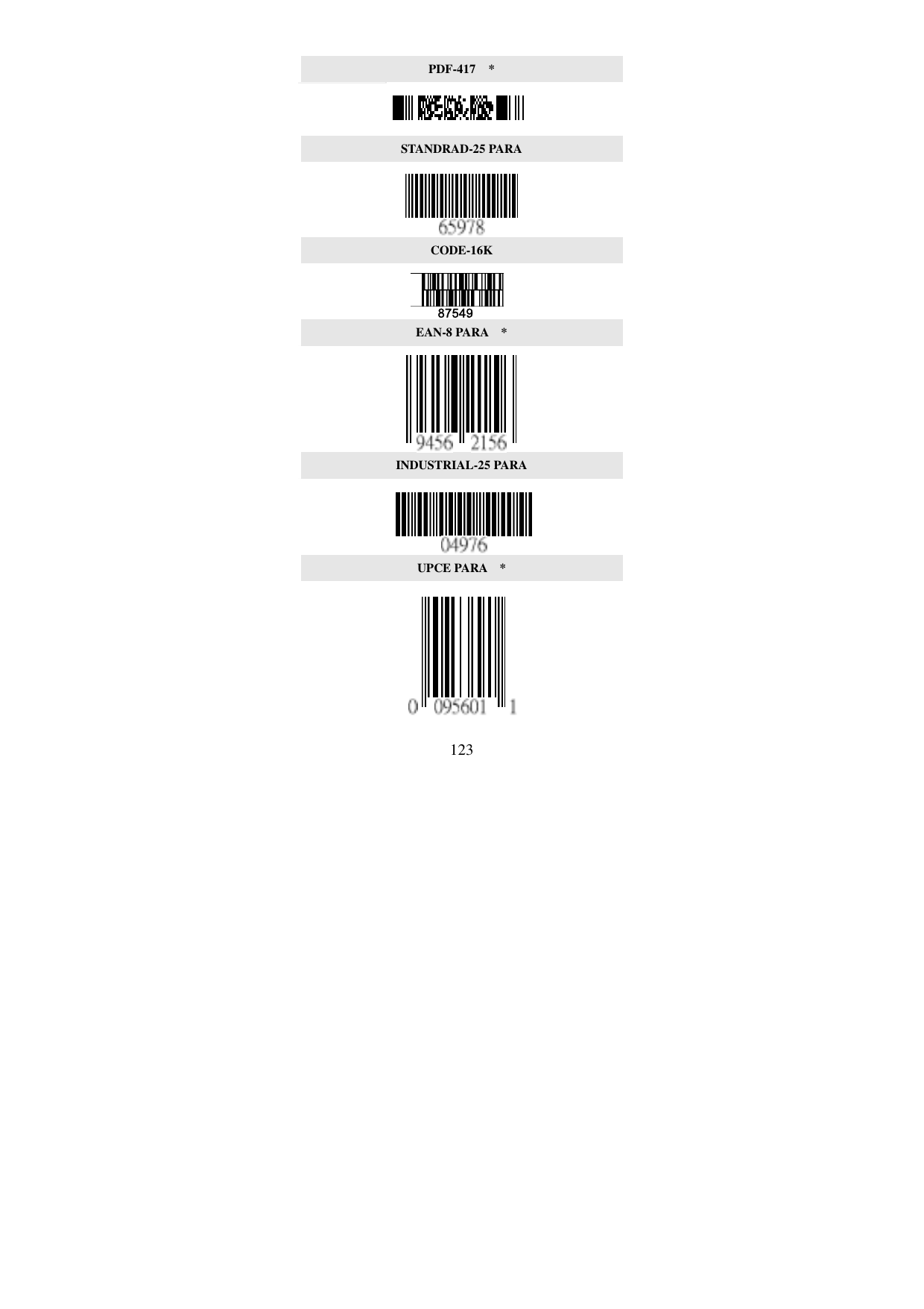  123PDF-417  *  STANDRAD-25 PARA  CODE-16K   EAN-8 PARA  *    INDUSTRIAL-25 PARA   UPCE PARA  *     87549