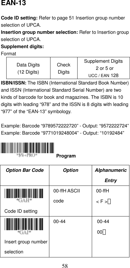  58EAN-13  Code ID setting: Refer to page 51 Insertion group number selection of UPCA. Insertion group number selection: Refer to Insertion group selection of UPCA. Supplement digits:   Format Data Digits (12 Digits) Check Digits Supplement Digits   2 or 5 or UCC / EAN 128 ISBN/ISSN: The ISBN (International Standard Book Number) and ISSN (International Standard Serial Number) are two kinds of barcode for book and magazines. The ISBN is 10 digits with leading “978” and the ISSN is 8 digits with leading “977” of the “EAN-13” symbology.  Example: Barcode “9789572222720” - Output: “9572222724” Example: Barcode “9771019248004” - Output: “10192484”     Option Bar Code  Option  Alphanumeric Entry  Code ID setting 00-ffH ASCII code 00-ffH &lt; F &gt;＊  Insert group number selection 00-44 00-44 00＊  Program 