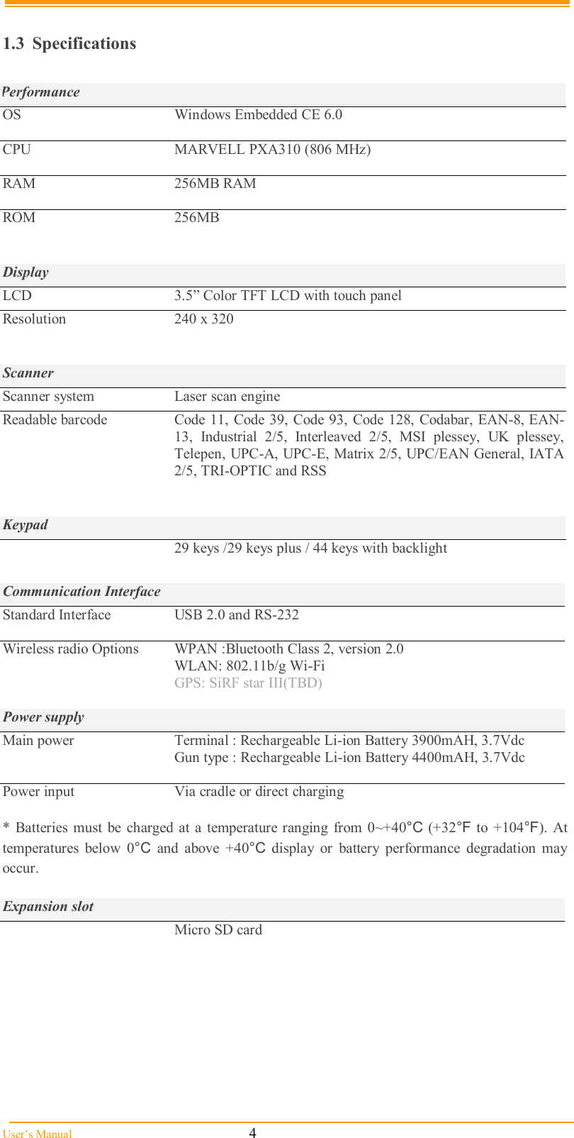  User’s Manual                                                            4  1.3  Specifications  Performance OS  Windows Embedded CE 6.0  CPU  MARVELL PXA310 (806 MHz)  RAM  256MB RAM  ROM  256MB   Display LCD  3.5” Color TFT LCD with touch panel Resolution  240 x 320    Scanner Scanner system  Laser scan engine Readable barcode  Code 11, Code 39, Code 93, Code 128, Codabar, EAN-8, EAN-13,  Industrial  2/5,  Interleaved  2/5,  MSI  plessey,  UK  plessey, Telepen, UPC-A, UPC-E, Matrix 2/5, UPC/EAN General, IATA 2/5, TRI-OPTIC and RSS    Keypad   29 keys /29 keys plus / 44 keys with backlight  Communication Interface Standard Interface  USB 2.0 and RS-232  Wireless radio Options  WPAN :Bluetooth Class 2, version 2.0 WLAN: 802.11b/g Wi-Fi GPS: SiRF star III(TBD)  Power supply Main power  Terminal : Rechargeable Li-ion Battery 3900mAH, 3.7Vdc Gun type : Rechargeable Li-ion Battery 4400mAH, 3.7Vdc  Power input  Via cradle or direct charging  *  Batteries must  be  charged at  a  temperature ranging from 0~+40°C  (+32°F  to  +104°F).  At temperatures  below  0°C  and  above  +40°C  display  or  battery  performance  degradation  may occur.  Expansion slot   Micro SD card  