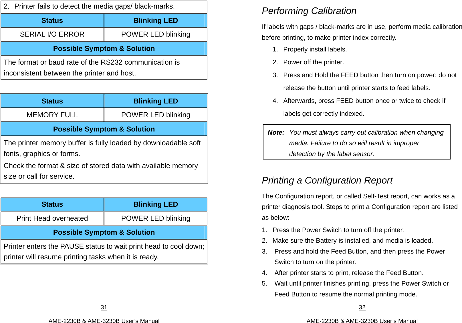 31  AME-2230B &amp; AME-3230B User’s Manual 2.  Printer fails to detect the media gaps/ black-marks.   Status  Blinking LED SERIAL I/O ERROR POWER LED blinking Possible Symptom &amp; Solution The format or baud rate of the RS232 communication is inconsistent between the printer and host.  Status  Blinking LED MEMORY FULL POWER LED blinking Possible Symptom &amp; Solution The printer memory buffer is fully loaded by downloadable soft fonts, graphics or forms.   Check the format &amp; size of stored data with available memory size or call for service.  Status  Blinking LED Print Head overheated POWER LED blinking Possible Symptom &amp; Solution Printer enters the PAUSE status to wait print head to cool down; printer will resume printing tasks when it is ready.     32  AME-2230B &amp; AME-3230B User’s Manual Performing Calibration If labels with gaps / black-marks are in use, perform media calibration before printing, to make printer index correctly. 1.  Properly install labels.   2.  Power off the printer. 3.  Press and Hold the FEED button then turn on power; do not release the button until printer starts to feed labels. 4.  Afterwards, press FEED button once or twice to check if labels get correctly indexed.      Printing a Configuration Report The Configuration report, or called Self-Test report, can works as a printer diagnosis tool. Steps to print a Configuration report are listed as below:    1.  Press the Power Switch to turn off the printer. 2.  Make sure the Battery is installed, and media is loaded. 3.  Press and hold the Feed Button, and then press the Power Switch to turn on the printer. 4.  After printer starts to print, release the Feed Button.   5.  Wait until printer finishes printing, press the Power Switch or Feed Button to resume the normal printing mode.   Note:  You must always carry out calibration when changing media. Failure to do so will result in improper detection by the label sensor.