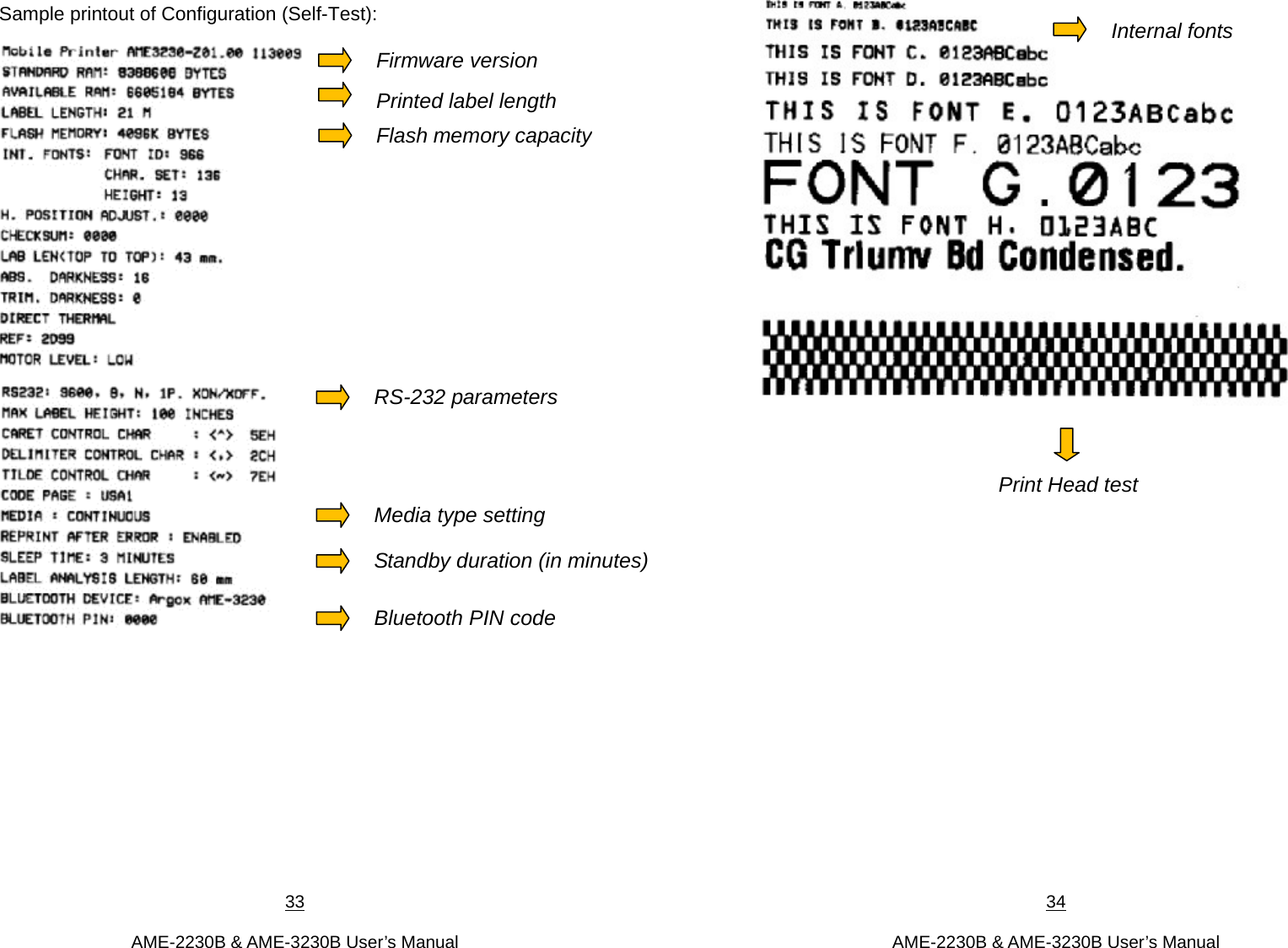 33  AME-2230B &amp; AME-3230B User’s Manual Sample printout of Configuration (Self-Test):   Firmware Version Firmware version Flash memory capacityRS-232 parameters Standby duration (in minutes)Bluetooth PIN code Media type setting Printed label length 34  AME-2230B &amp; AME-3230B User’s Manual            Internal fonts Print Head test 