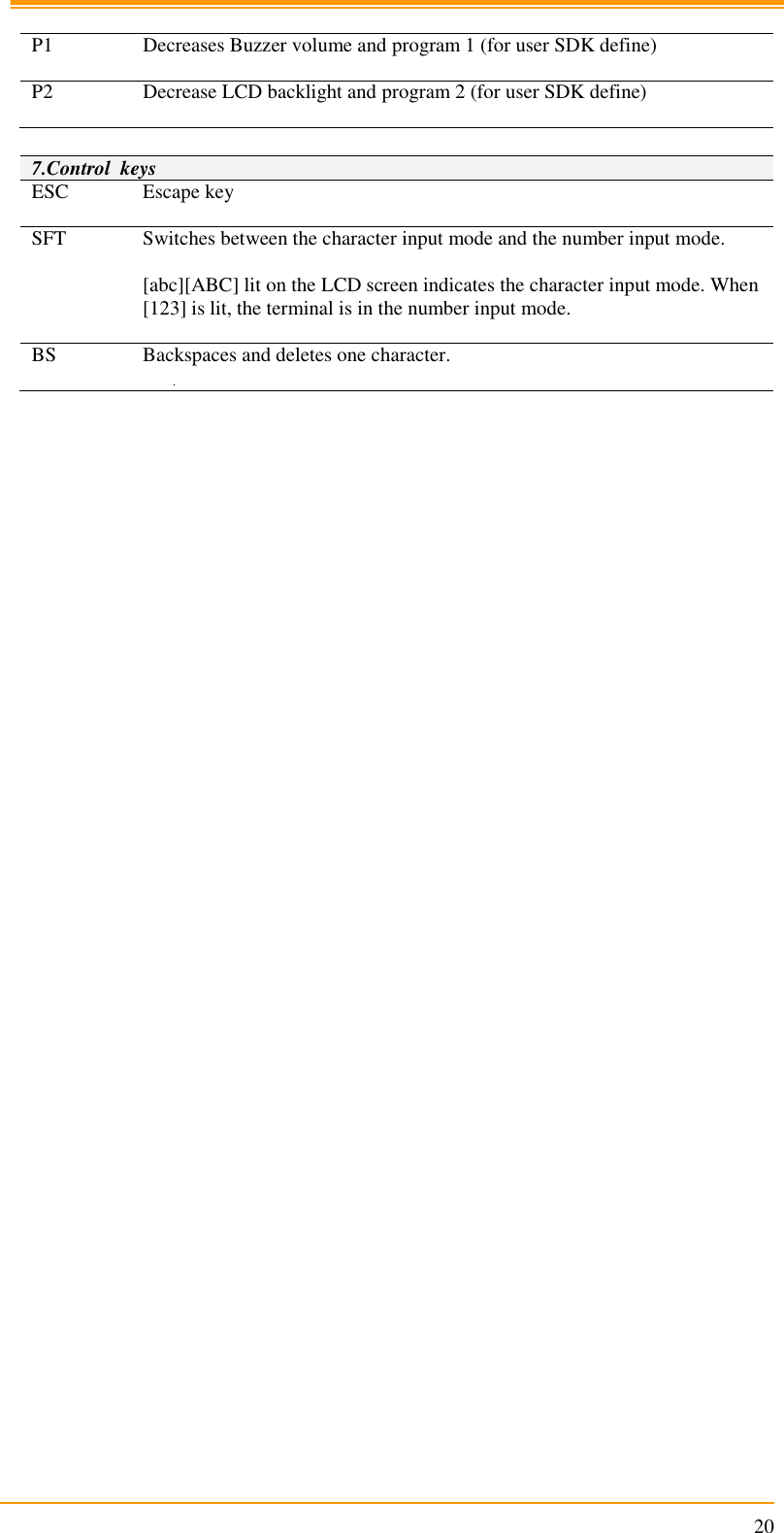                                                                      20  P1 Decreases Buzzer volume and program 1 (for user SDK define)  P2 Decrease LCD backlight and program 2 (for user SDK define)   7.Control  keys ESC Escape key  SFT Switches between the character input mode and the number input mode.  [abc][ABC] lit on the LCD screen indicates the character input mode. When [123] is lit, the terminal is in the number input mode.  BS Backspaces and deletes one character.           