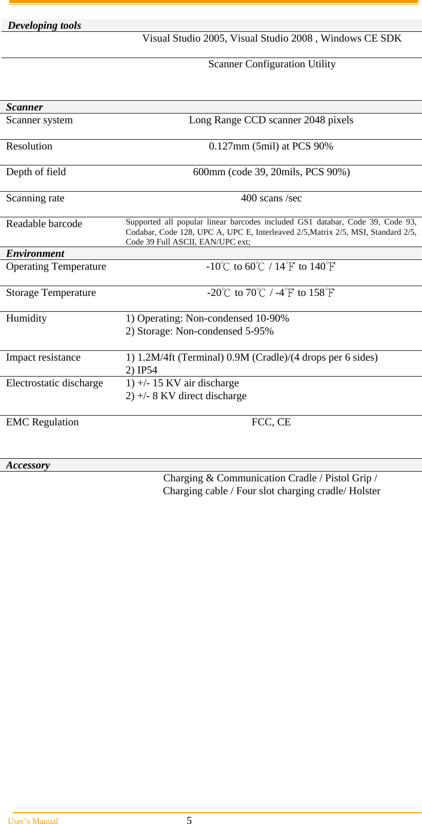  User’s Manual                                                            5   Developing tools   Visual Studio 2005, Visual Studio 2008 , Windows CE SDK   Scanner Configuration Utility    Scanner   Scanner system  Long Range CCD scanner 2048 pixels  Resolution  0.127mm (5mil) at PCS 90%  Depth of field  600mm (code 39, 20mils, PCS 90%)  Scanning rate  400 scans /sec  Readable barcode  Supported all popular linear barcodes included GS1 databar, Code 39, Code 93, Codabar, Code 128, UPC A, UPC E, Interleaved 2/5,Matrix 2/5, MSI, Standard 2/5, Code 39 Full ASCII, EAN/UPC ext; Environment   Operating Temperature  -10℃ to 60℃ / 14℉ to 140℉  Storage Temperature  -20℃ to 70℃ / -4℉ to 158℉  Humidity  1) Operating: Non-condensed 10-90%  2) Storage: Non-condensed 5-95%  Impact resistance  1) 1.2M/4ft (Terminal) 0.9M (Cradle)/(4 drops per 6 sides)  2) IP54 Electrostatic discharge  1) +/- 15 KV air discharge  2) +/- 8 KV direct discharge  EMC Regulation  FCC, CE    Accessory     Charging &amp; Communication Cradle / Pistol Grip /  Charging cable / Four slot charging cradle/ Holster         