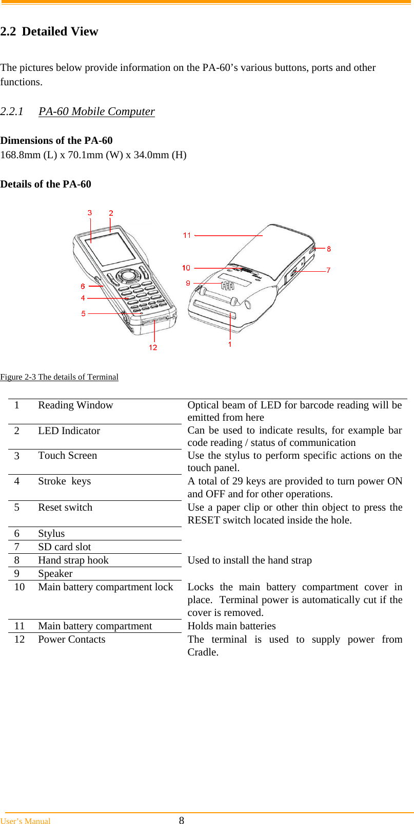  User’s Manual                                                            8  2.2 Detailed View  The pictures below provide information on the PA-60’s various buttons, ports and other functions.  2.2.1  PA-60 Mobile Computer  Dimensions of the PA-60 168.8mm (L) x 70.1mm (W) x 34.0mm (H)  Details of the PA-60   Figure 2-3 The details of Terminal                              1  Reading Window  Optical beam of LED for barcode reading will be emitted from here 2  LED Indicator  Can be used to indicate results, for example bar code reading / status of communication 3  Touch Screen  Use the stylus to perform specific actions on the touch panel. 4  Stroke  keys  A total of 29 keys are provided to turn power ON and OFF and for other operations. 5  Reset switch  Use a paper clip or other thin object to press the RESET switch located inside the hole. 6  Stylus   7  SD card slot   8  Hand strap hook  Used to install the hand strap 9  Speaker   10  Main battery compartment lock Locks the main battery compartment cover in place.  Terminal power is automatically cut if the cover is removed. 11  Main battery compartment  Holds main batteries 12  Power Contacts  The terminal is used to supply power from Cradle.  