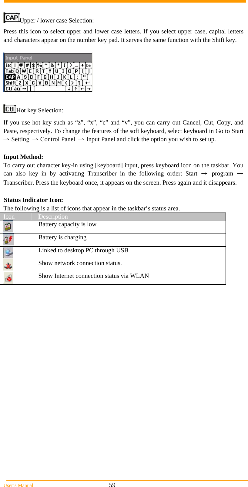  User’s Manual                                                            59  Upper / lower case Selection: Press this icon to select upper and lower case letters. If you select upper case, capital letters and characters appear on the number key pad. It serves the same function with the Shift key.    Hot key Selection: If you use hot key such as “z”, “x”, “c” and “v”, you can carry out Cancel, Cut, Copy, and Paste, respectively. To change the features of the soft keyboard, select keyboard in Go to Start → Setting → Control Panel → Input Panel and click the option you wish to set up.  Input Method: To carry out character key-in using [keyboard] input, press keyboard icon on the taskbar. You can also key in by activating Transcriber in the following order: Start → program → Transcriber. Press the keyboard once, it appears on the screen. Press again and it disappears.  Status Indicator Icon: The following is a list of icons that appear in the taskbar’s status area. Icon  Description  Battery capacity is low  Battery is charging  Linked to desktop PC through USB  Show network connection status.  Show Internet connection status via WLAN  