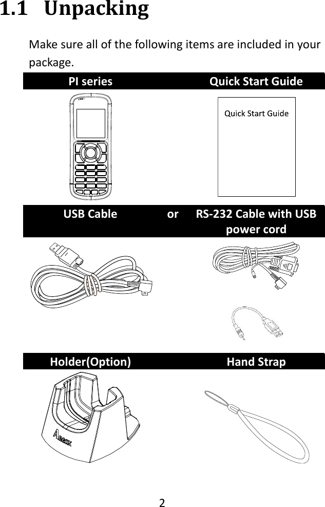   2  1.1 Unpacking Make sure all of the following items are included in your package. PI series  Quick Start Guide    USB Cable       or RS-232 Cable with USB power cord     Holder(Option)  Hand Strap      