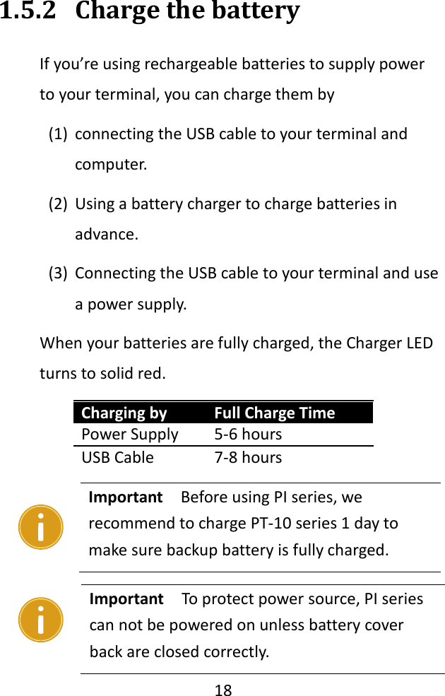   18  1.5.2 Charge the battery If you’re using rechargeable batteries to supply power to your terminal, you can charge them by (1) connecting the USB cable to your terminal and computer. (2) Using a battery charger to charge batteries in advance. (3) Connecting the USB cable to your terminal and use a power supply. When your batteries are fully charged, the Charger LED turns to solid red.   Important  To protect power source, PI series can not be powered on unless battery cover back are closed correctly.   Charging by Full Charge Time Power Supply 5-6 hours USB Cable 7-8 hours  Important  Before using PI series, we recommend to charge PT-10 series 1 day to make sure backup battery is fully charged. 