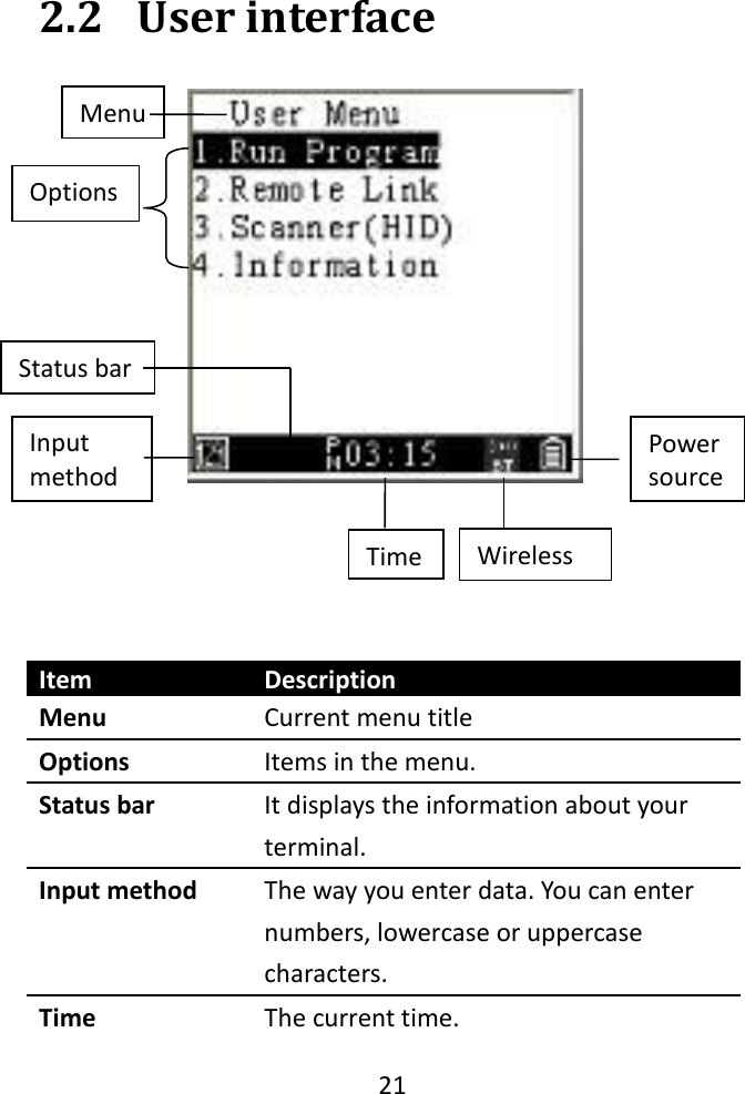   21  2.2 User interface      Item Description Menu Current menu title Options Items in the menu. Status bar It displays the information about your terminal. Input method The way you enter data. You can enter numbers, lowercase or uppercase characters. Time The current time. Menu Options Input method Time Power source Wireless   Status bar 