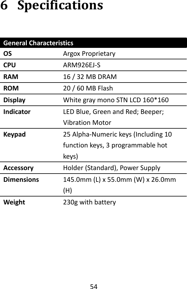    54  6 Specifications  General Characteristics OS Argox Proprietary CPU ARM926EJ-S RAM 16 / 32 MB DRAM ROM 20 / 60 MB Flash Display White gray mono STN LCD 160*160 Indicator LED Blue, Green and Red; Beeper; Vibration Motor Keypad 25 Alpha-Numeric keys (Including 10 function keys, 3 programmable hot keys) Accessory Holder (Standard), Power Supply Dimensions 145.0mm (L) x 55.0mm (W) x 26.0mm (H) Weight 230g with battery       