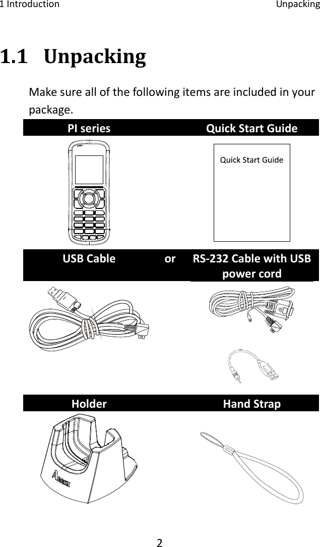 1Introduction Unpacking21.1 UnpackingMakesureallofthefollowingitemsareincludedinyourpackage.PIseries QuickStartGuideUSBCable or RS‐232CablewithUSBpowercordHolder HandStrap