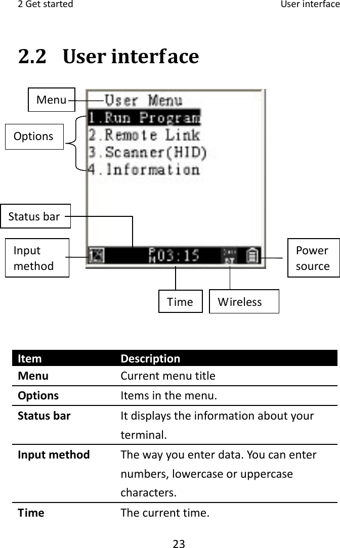 2Getstarted Userinterface232.2 UserinterfaceItem DescriptionMenu CurrentmenutitleOptions Itemsinthemenu.Statusbar Itdisplaystheinformationaboutyourterminal.Inputmethod Thewayyouenterdata.Youcanenternumbers,lowercaseoruppercasecharacters.Time Thecurrenttime.MenuOptionsInputmethodTimePowersourceWireless Statusbar