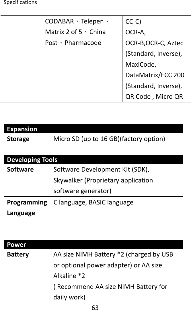 Specifications 63CODABAR、Telepen、Matrix2of5、ChinaPost、PharmacodeCC‐C)OCR‐A,OCR‐B,OCR‐C,Aztec(Standard,Inverse),MaxiCode,DataMatrix/ECC200(Standard,Inverse),QRCode,MicroQRExpansionStorage MicroSD(upto16GB)(factoryoption)DevelopingToolsSoftware SoftwareDevelopmentKit(SDK),Skywalker(Proprietaryapplicationsoftwaregenerator)ProgrammingLanguageClanguage,BASIClanguagePowerBattery AAsizeNIMHBattery*2(chargedbyUSBoroptionalpoweradapter)orAAsizeAlkaline*2(RecommendAAsizeNIMHBatteryfordailywork)