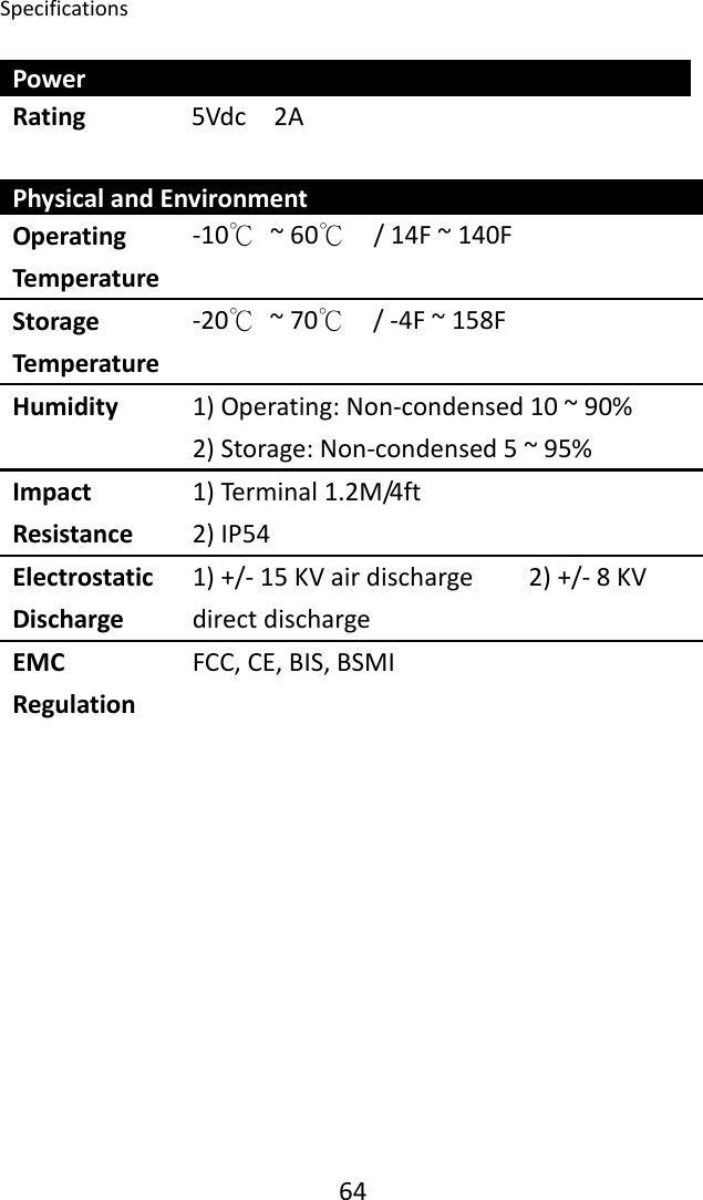 Specifications 64PowerRating 5Vdc2APhysicalandEnvironmentOperatingTemperature‐10℃~60℃  /14F~140FStorageTemperature‐20℃~70℃  /‐4F~158FHumidity 1)Operating:Non‐condensed10~90%2)Storage:Non‐condensed5~95%ImpactResistance1)Terminal1.2M/4ft2)IP54ElectrostaticDischarge1)+/‐15KVairdischarge2)+/‐8KVdirectdischargeEMCRegulationFCC,CE,BIS,BSMI