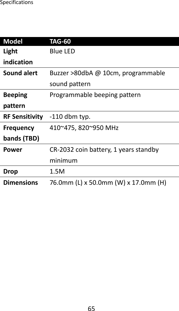 Specifications 65Model TAG‐60LightindicationBlueLEDSoundalert Buzzer&gt;80dbA@10cm,programmablesoundpatternBeepingpatternProgrammablebeepingpatternRFSensitivity ‐110dbmtyp.Frequencybands(TBD)410~475,820~950MHzPower CR‐2032coinbattery,1yearsstandbyminimumDrop 1.5MDimensions 76.0mm(L)x50.0mm(W)x17.0mm(H)