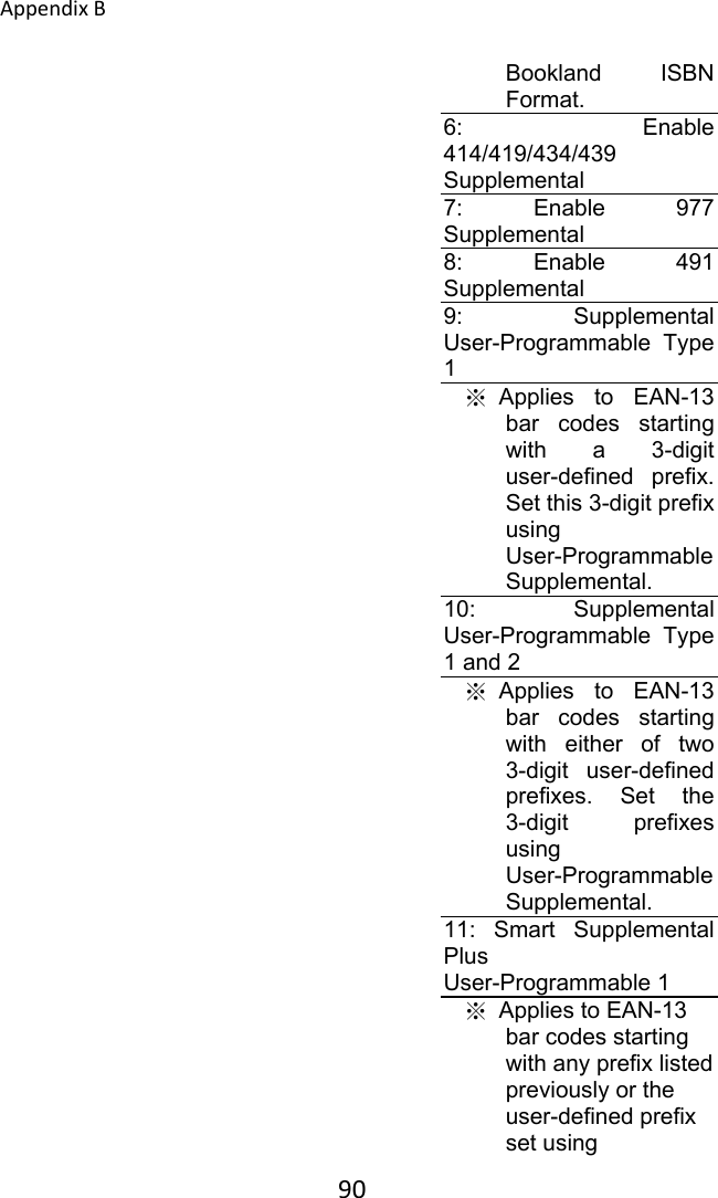 AppendixB 90Bookland  ISBN Format. 6:  Enable 414/419/434/439 Supplemental 7:  Enable  977 Supplemental 8:  Enable  491 Supplemental 9:  Supplemental User-Programmable  Type 1 ※  Applies  to  EAN-13 bar  codes  starting with a 3-digit user-defined  prefix. Set this 3-digit prefix using User-Programmable Supplemental. 10:  Supplemental User-Programmable  Type 1 and 2 ※  Applies  to  EAN-13 bar  codes  starting with  either  of  two 3-digit  user-defined prefixes.  Set  the 3-digit  prefixes using User-Programmable Supplemental. 11:  Smart  Supplemental Plus   User-Programmable 1 ※  Applies to EAN-13 bar codes starting with any prefix listed previously or the user-defined prefix set using 