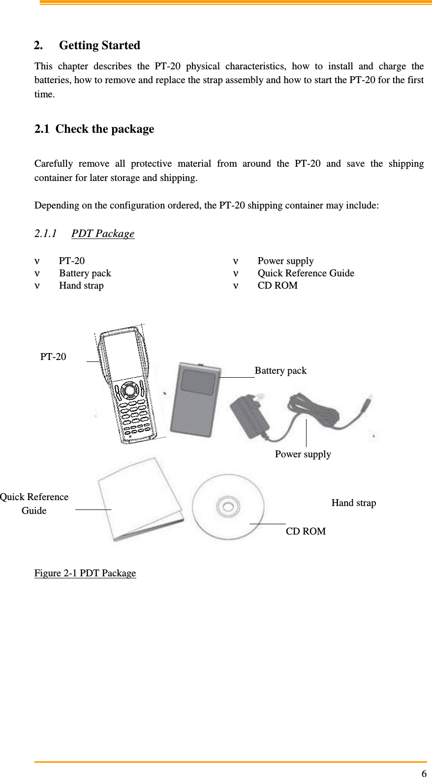                                                                     6   2. Getting Started This  chapter  describes  the  PT-20  physical  characteristics,  how  to  install  and  charge  the batteries, how to remove and replace the strap assembly and how to start the PT-20 for the first time.  2.1 Check the package  Carefully  remove  all  protective  material  from  around  the  PT-20  and  save  the  shipping container for later storage and shipping.   Depending on the configuration ordered, the PT-20 shipping container may include:  2.1.1 PDT Package  ν PT-20  ν Power supply ν Battery pack  ν Quick Reference Guide ν Hand strap  ν CD ROM    Figure 2-1 PDT Package Battery pack Power supply Hand strap Quick Reference Guide CD ROM PT-20 