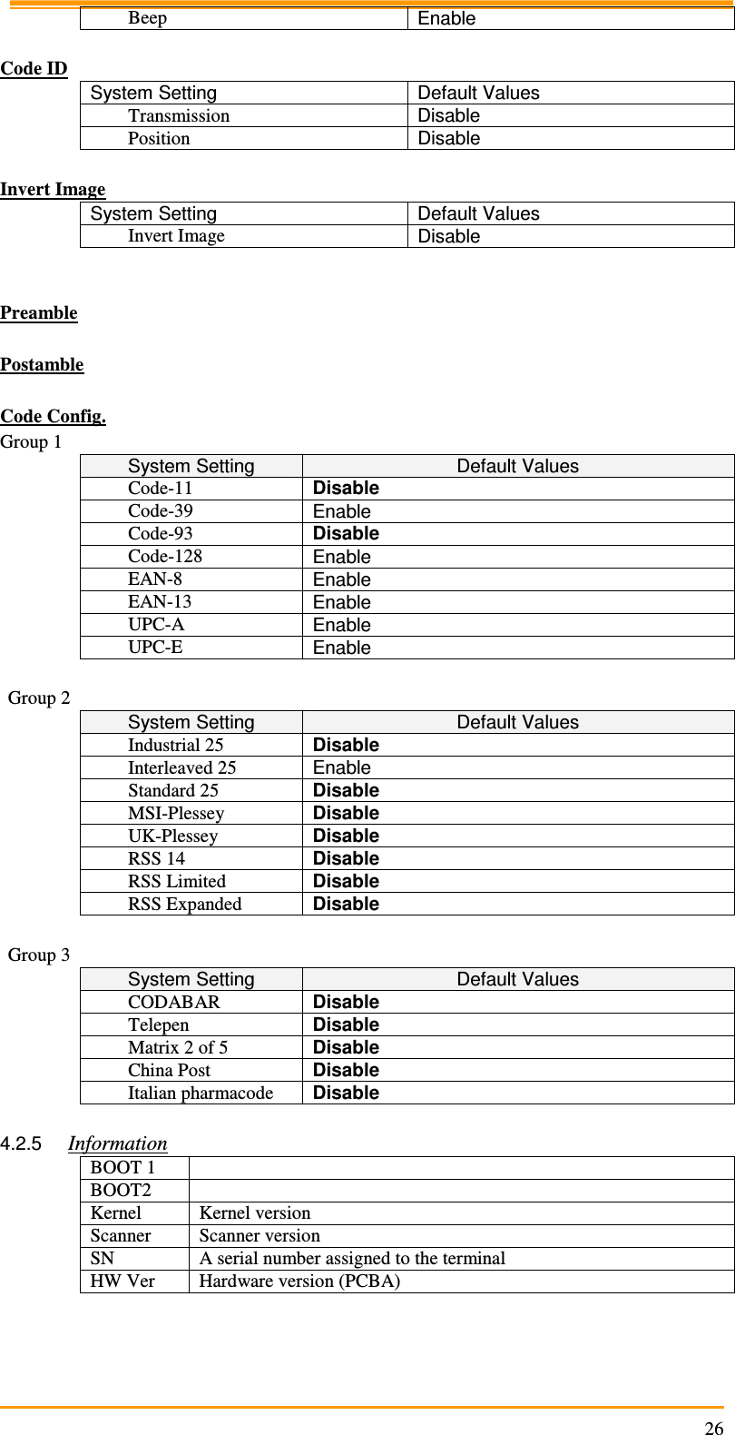                                                                     26Beep  Enable  Code ID System Setting  Default Values Transmission  Disable Position  Disable  Invert Image System Setting  Default Values Invert Image  Disable   Preamble  Postamble  Code Config. Group 1 System Setting  Default Values Code-11  Disable Code-39  Enable Code-93  Disable Code-128  Enable EAN-8  Enable EAN-13  Enable UPC-A  Enable UPC-E  Enable  Group 2 System Setting  Default Values Industrial 25  Disable Interleaved 25  Enable Standard 25  Disable MSI-Plessey  Disable UK-Plessey  Disable RSS 14  Disable RSS Limited  Disable RSS Expanded  Disable  Group 3 System Setting  Default Values CODABAR  Disable Telepen  Disable Matrix 2 of 5  Disable China Post  Disable Italian pharmacode  Disable  4.2.5 Information BOOT 1   BOOT2   Kernel  Kernel version Scanner  Scanner version SN  A serial number assigned to the terminal HW Ver  Hardware version (PCBA) 