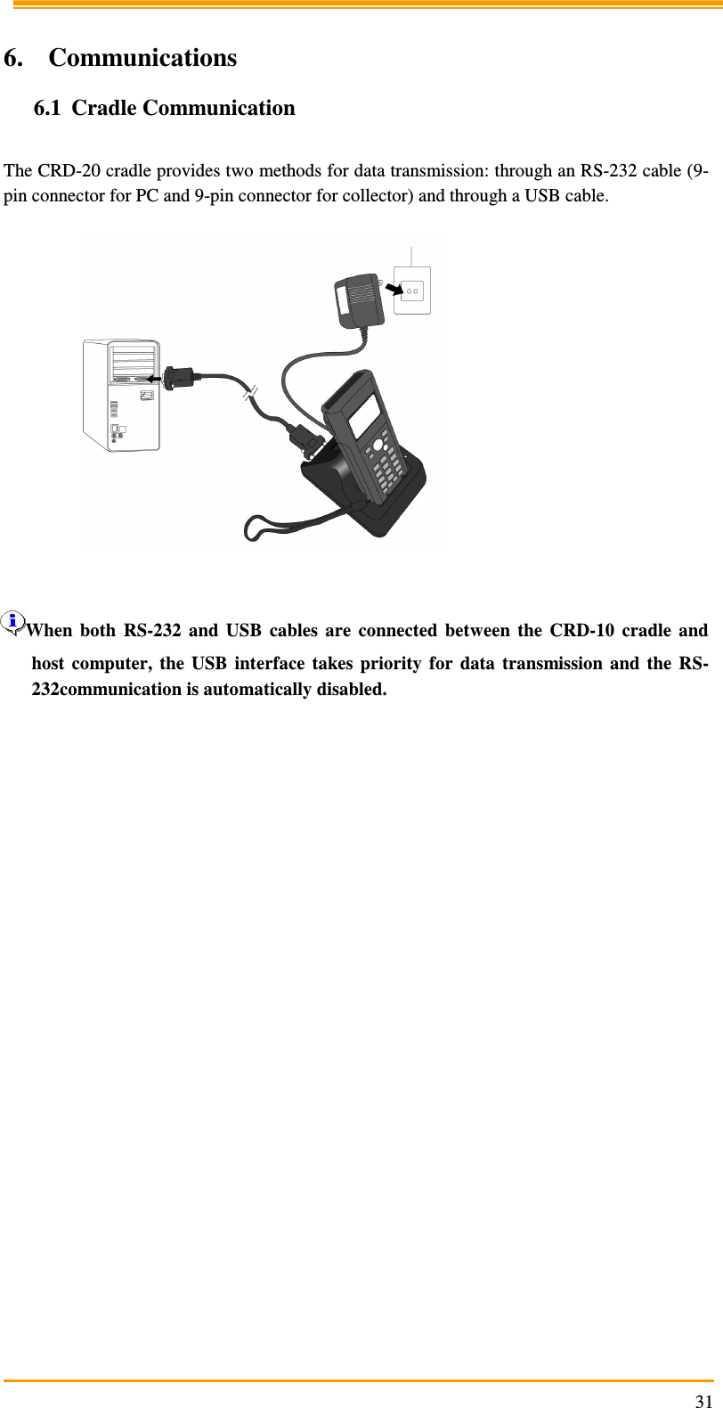                                                                     31 6. Communications 6.1 Cradle Communication  The CRD-20 cradle provides two methods for data transmission: through an RS-232 cable (9-pin connector for PC and 9-pin connector for collector) and through a USB cable.     When  both  RS-232  and  USB  cables  are  connected  between  the  CRD-10  cradle  and host  computer,  the  USB  interface  takes  priority  for  data  transmission  and  the  RS-232communication is automatically disabled. 