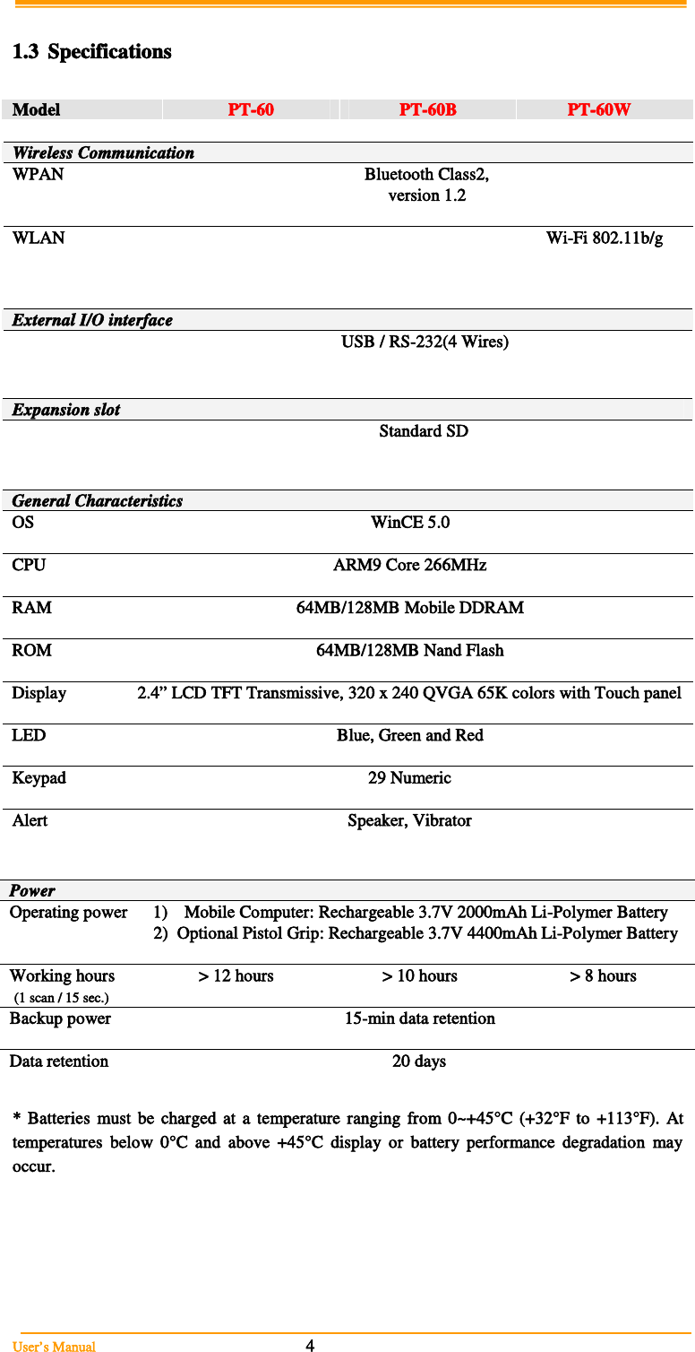 Argox Information Co Pt60w Mobile Computer User Manual Pt 60b 0414