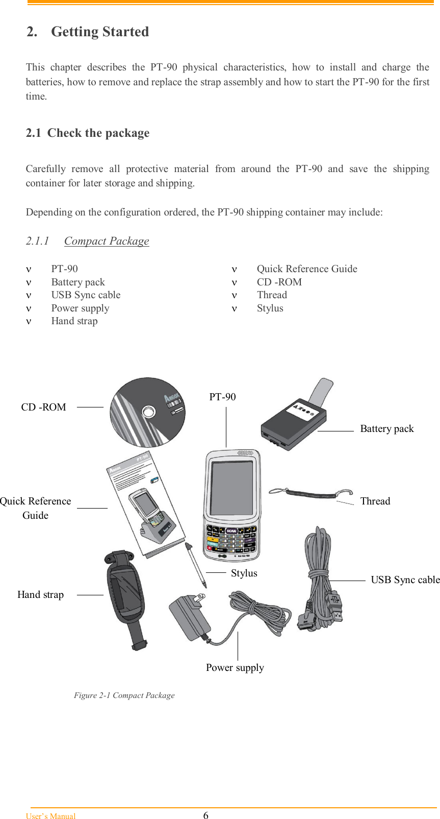  User’s Manual                                                            6  2.  Getting Started  This  chapter  describes  the  PT-90  physical  characteristics,  how  to  install  and  charge  the batteries, how to remove and replace the strap assembly and how to start the PT-90 for the first time.  2.1  Check the package  Carefully  remove  all  protective  material  from  around  the  PT-90  and  save  the  shipping container for later storage and shipping.   Depending on the configuration ordered, the PT-90 shipping container may include:  2.1.1  Compact Package   PT-90   Quick Reference Guide  Battery pack   CD -ROM  USB Sync cable   Thread  Power supply   Stylus  Hand strap       Figure 2-1 Compact Package Battery pack Thread USB Sync cable Power supply Hand strap Stylus Quick Reference Guide CD -ROM PT-90 