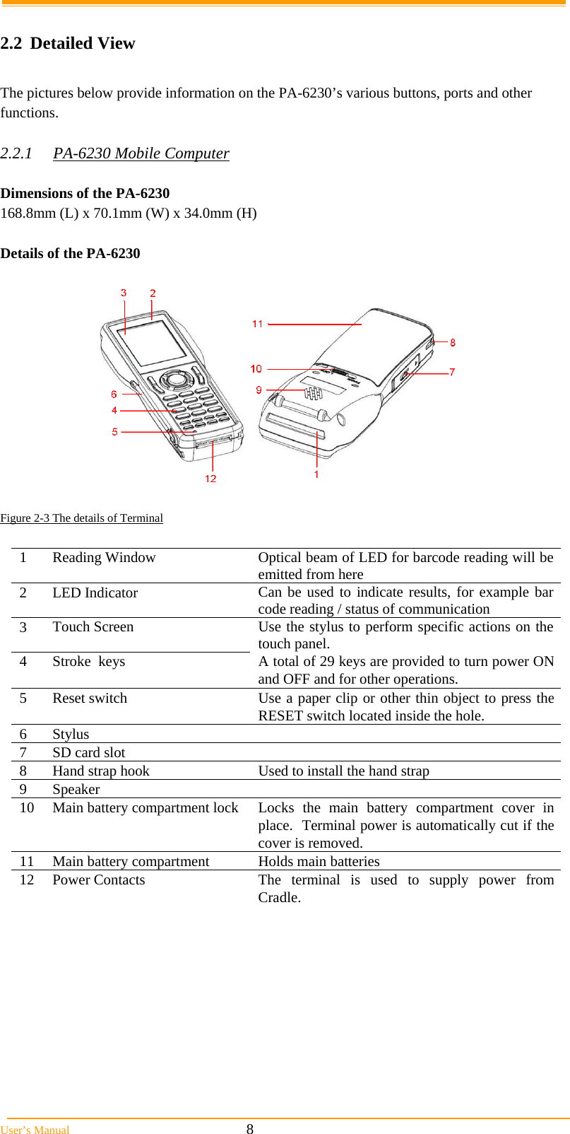  User&rsquo;s Manual                                                            8  2.2 Detailed View  The pictures below provide information on the PA-6230&rsquo;s various buttons, ports and other functions.  2.2.1  PA-6230 Mobile Computer  Dimensions of the PA-6230 168.8mm (L) x 70.1mm (W) x 34.0mm (H)  Details of the PA-6230   Figure 2-3 The details of Terminal                              1  Reading Window  Optical beam of LED for barcode reading will be emitted from here 2  LED Indicator  Can be used to indicate results, for example bar code reading / status of communication 3  Touch Screen  Use the stylus to perform specific actions on the touch panel. 4  Stroke  keys  A total of 29 keys are provided to turn power ON and OFF and for other operations. 5  Reset switch  Use a paper clip or other thin object to press the RESET switch located inside the hole. 6  Stylus   7  SD card slot   8  Hand strap hook  Used to install the hand strap 9  Speaker   10  Main battery compartment lock Locks the main battery compartment cover in place.  Terminal power is automatically cut if the cover is removed. 11  Main battery compartment  Holds main batteries 12  Power Contacts  The terminal is used to supply power from Cradle. 