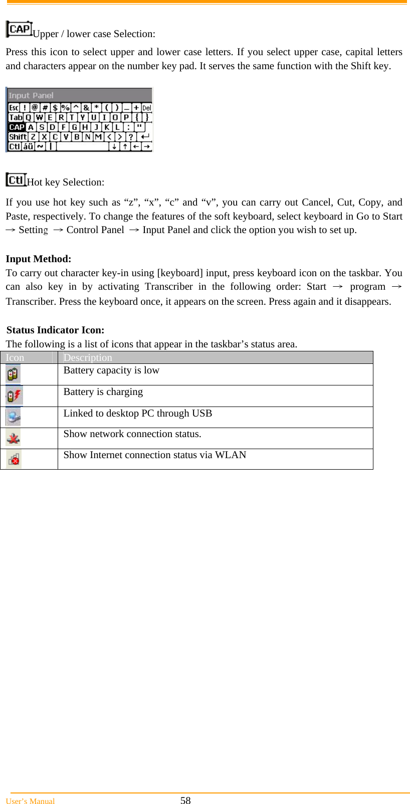  User&rsquo;s Manual                                                            58  Upper / lower case Selection: Press this icon to select upper and lower case letters. If you select upper case, capital letters and characters appear on the number key pad. It serves the same function with the Shift key.    Hot key Selection: If you use hot key such as &ldquo;z&rdquo;, &ldquo;x&rdquo;, &ldquo;c&rdquo; and &ldquo;v&rdquo;, you can carry out Cancel, Cut, Copy, and Paste, respectively. To change the features of the soft keyboard, select keyboard in Go to Start &rarr; Setting &rarr; Control Panel &rarr; Input Panel and click the option you wish to set up.  Input Method: To carry out character key-in using [keyboard] input, press keyboard icon on the taskbar. You can also key in by activating Transcriber in the following order: Start &rarr; program &rarr; Transcriber. Press the keyboard once, it appears on the screen. Press again and it disappears.  Status Indicator Icon: The following is a list of icons that appear in the taskbar&rsquo;s status area. Icon  Description  Battery capacity is low  Battery is charging  Linked to desktop PC through USB  Show network connection status.  Show Internet connection status via WLAN  