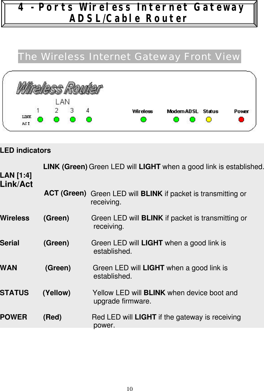 10      4 - Ports Wireless Internet Gateway ADSL/Cable Router    The Wireless Internet Gateway Front View           LED indicators  LINK (Green) LAN [1:4] Link/Act     ACT (Green)   Wireless       (Green)           Green LED will BLINK if packet is transmitting or receiving.  Serial            (Green)           Green LED will LIGHT when a good link is established.  WAN              (Green)           Green LED will LIGHT when a good link is established.  STATUS       (Yellow)           Yellow LED will BLINK when device boot and upgrade firmware.  POWER        (Red)               Red LED will LIGHT if the gateway is receiving power.  Green LED will LIGHT when a good link is established.  Green LED will BLINK if packet is transmitting or receiving. 