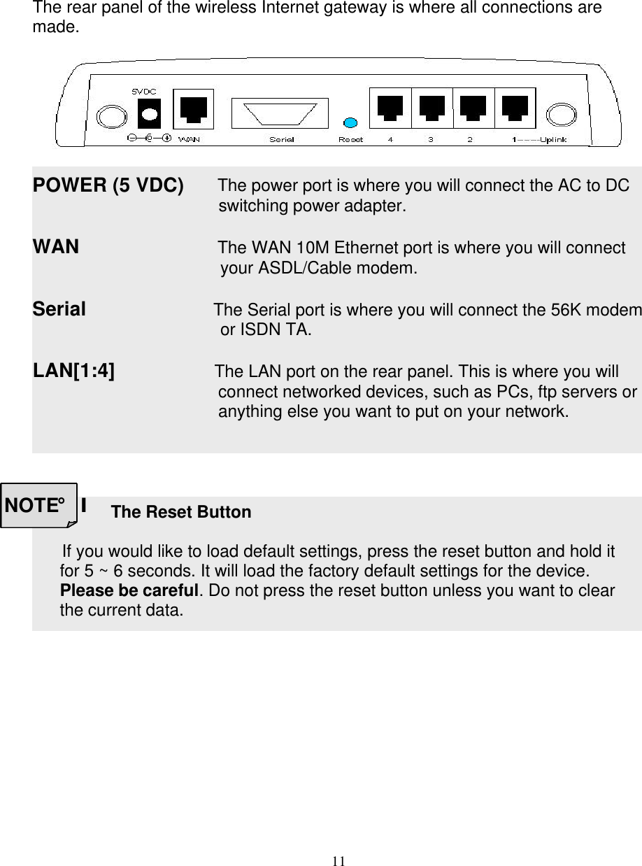 11     The Wireless Internet Gateway Rear View  The rear panel of the wireless Internet gateway is where all connections are made.        POWER (5 VDC)      The power port is where you will connect the AC to DC switching power adapter.  WAN                         The WAN 10M Ethernet port is where you will connect your ASDL/Cable modem.  Serial                       The Serial port is where you will connect the 56K modem or ISDN TA.          LAN[1:4]                  The LAN port on the rear panel. This is where you will connect networked devices, such as PCs, ftp servers or anything else you want to put on your network.                      The Reset Button      If you would like to load default settings, press the reset button and hold it for 5 ~ 6 seconds. It will load the factory default settings for the device. Please be careful. Do not press the reset button unless you want to clear the current data. NOTE&iexcl;I 